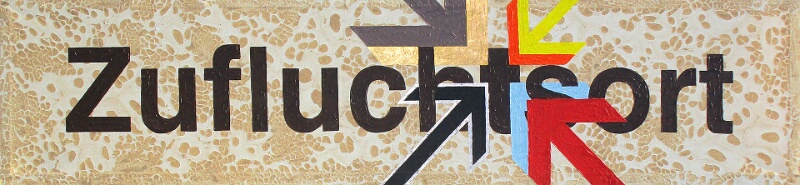 Zufluchtsort ist die erste Arbeit im Querformat in diesem Stil. Das gesamte Bildgeschehen basiert auf Erde (Erdstruktur, Pendant zur Welt in der ich lebe). Zufluchtsort ist der Ort an dem ich sicher bin. Dargestellt Dunkelbraun. Allein die bunten Pfeile, welche die Farbigkeit Deutschlands zum Ausdruck bringen sollen, dominieren den Bildaufbau. Die Pfeile zeigen alle auf das „t“, Synonym für das Kreuz auf Golgatha also Jesus Christus. Seinerzeit haben die Flüchtlingsströme nach Deutschland eingesetzt. Warum fliehen Menschen? Was suchen Menschen? Was brauchen Menschen? Diese Frage stellen sich alle Menschen immer wieder. Auch die Reichen in den üppigen Gegenden der ganzen Welt. Was zählt? Was hält was es verspricht? Wo findet mein Herz zur Ruhe? 200 cm x 50 cm x 5 cm; Erde & Acryl mit Gold- und Silberlegierung auf Leinwand; 2013